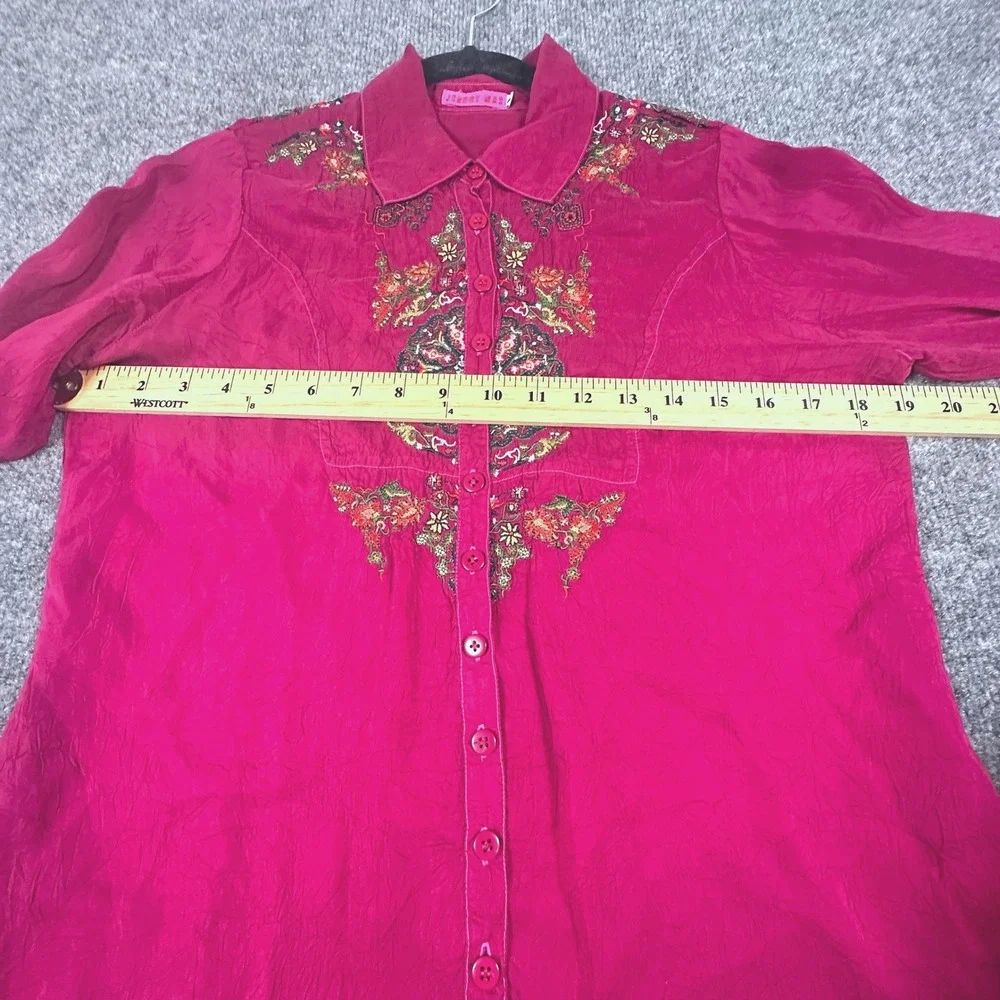 Johnny Was Magenta Pink Embroidered Rayon Button‎ Down Shirt Boho Floral Top
